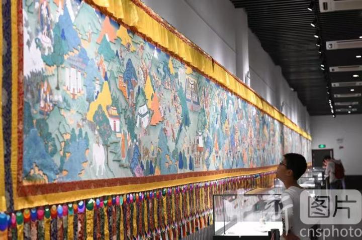 圖為一名小朋友觀看唐卡《涼州會盟》。 中新社記者 戴文昌 攝